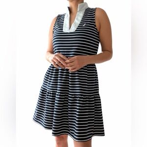 Nautica Navy White Collared Dress M Flowy Coastal Preppy Style
